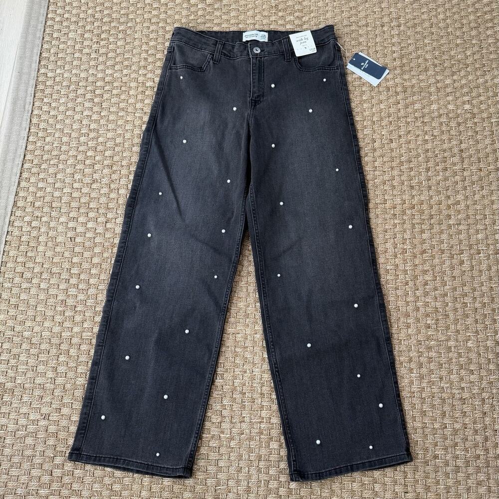 NWT Abercrombie Kids High Rise Wide Leg Black Wash Pearl Jeans Sz 17/18